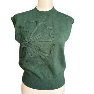 NEW Commense Green Floral Applique Knit Sweater Vest Cap Sleeve Top Size Small
